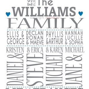 Puede incluir: Un dise&ntilde;o de &aacute;rbol geneal&oacute;gico gris y azul con el texto "The Williams Family" en la parte superior. El &aacute;rbol geneal&oacute;gico incluye los nombres de los miembros de la familia, incluidos "Ellis & Declan", "George & Maeve", "Kristen & Erica", "Daniel", "Steve", "Michael", "Jane" y "Liz & Frances".