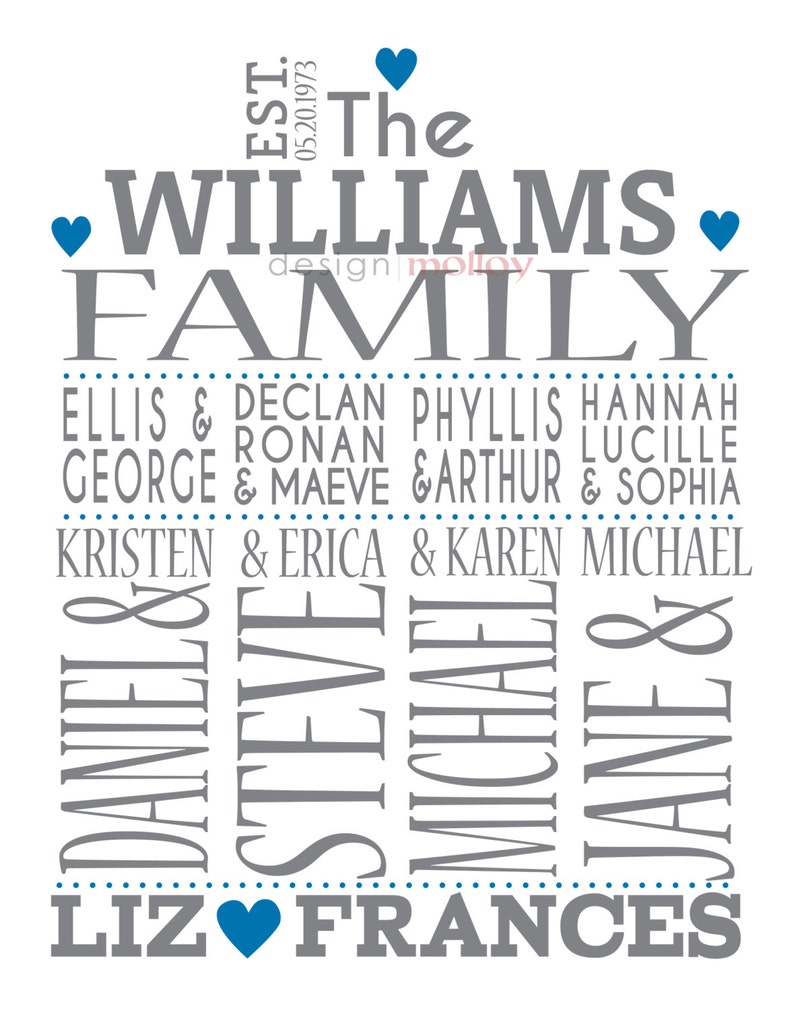 Puede incluir: Un dise&ntilde;o de &aacute;rbol geneal&oacute;gico gris y azul con el texto "The Williams Family" en la parte superior. El &aacute;rbol geneal&oacute;gico incluye los nombres de los miembros de la familia, incluidos "Ellis & Declan", "George & Maeve", "Kristen & Erica", "Daniel", "Steve", "Michael", "Jane" y "Liz & Frances".