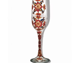 Set of two champagne flutes with gold and red hand painted floral design