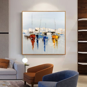 Original Art Hand-Painted  Sailboats in Harbor, Bright Blue Seascape,Large Oil Painting on Canvas Large Home Decor