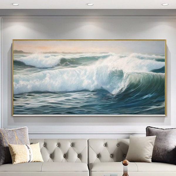 Zeegezicht olieverfschilderij, blauwgroene oceaangolven in ochtendlicht, getextureerde muurkunst voor woonkamer, entree, eetkamer