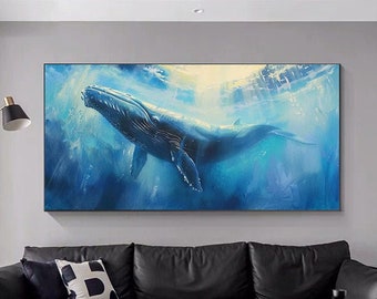 Peinture à l'huile abstraite peinte à la main, océan ensoleillé avec baleine bleue, oeuvre d'art murale texturée pour salon, entrée, salle à manger