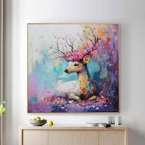 DUTY-FREE!  Hand-Painted Oil Painting, Flower Deer Artwork, Animal Art for Living Room, Entryway, Dining Room