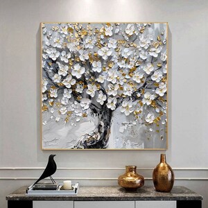 DUTY-FREE!  Abstract Tree Oil Painting with Textured 3D Flowers and Gold Accents, Palette Knife Art for Living Room, Entryway, Dining Room