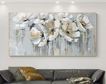Abstract Floral Oil Painting, Blooming White Lotus, Textured Wall Art for Living Room, Entryway, Dining Room