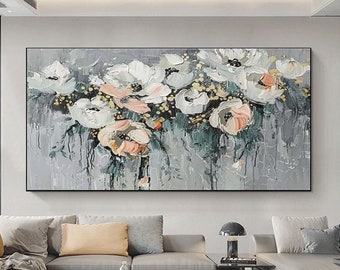 Modern Minimalist Oil Painting, Abstract Floral Art with Thick Impasto on Grey Background, Textured 3D Flower Wall Art for Home Decor