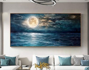Peinture à l'huile peinte à la main Pleine lune sur l'océan, oeuvre d'art murale texturée paysage marin au clair de lune pour salon, entrée, salle à manger