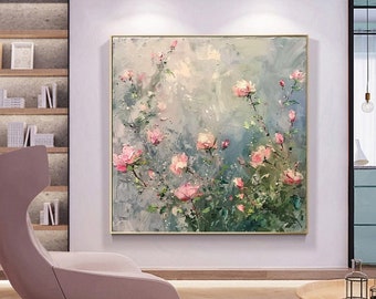 Peinture à l'huile florale impressionniste, petites roses roses sur fond gris-blanc, oeuvre d'art murale originale pour salon, entrée, salle à manger