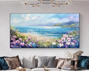 Peinture à l'huile de paysage peinte à la main, fleurs épanouies, mer calme, montagnes lointaines, oeuvre d'art murale texturée pour salon, entrée, salle à manger