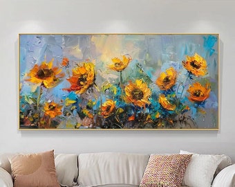 Florales Ölgemälde, Blühende Sonnenblumen unter blauem Himmel, strukturierte Wandkunst für Wohnzimmer, Eingangsbereich, Esszimmer