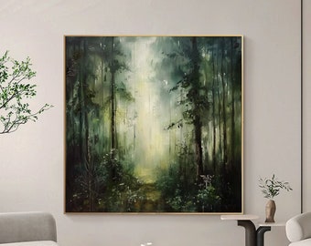 Hand-Painted Misty Forest Oil Painting with Deep Green Background, Textured Landscape Wall Art for Living Room, Entryway, Dining Room