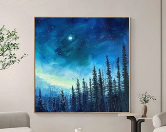 Abstract Acrylic Painting, Moonlit Pine Forest at Night, Original Wall Art for Living Room, Entryway, Dining Room