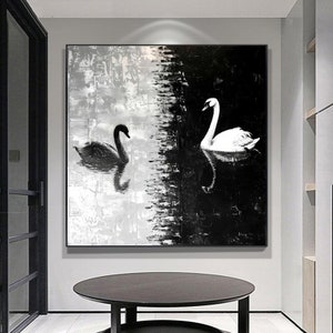 DUTY-FREE!  Swan Lake Oil Painting, White Swan on Black and White Background, 3D Textured Wall Art for Living Room, Bedroom, Entryway