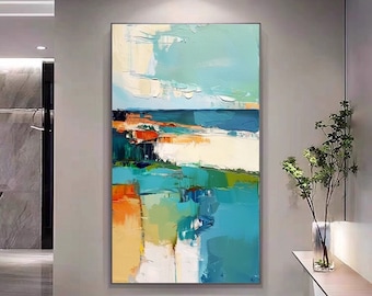 DUTY-FREE!  Abstract Oil Painting with Colorful Landscape Blocks, Textured Palette Knife Art for Living Room, Entryway, Dining Room