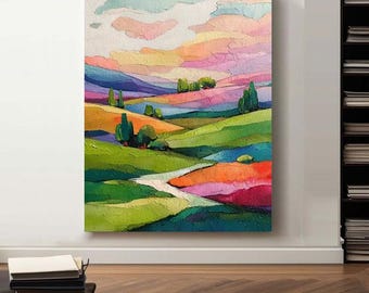 May include: A textured oil painting on canvas depicting a rolling landscape with vibrant green hills, patches of orange and purple fields, and small clusters of trees under a soft, multi-colored sky with pink, yellow, and blue cloud formations.