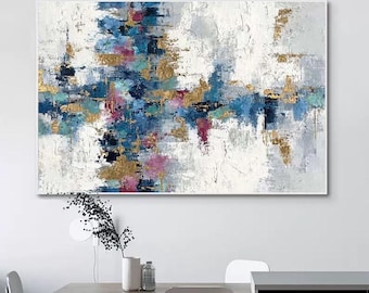 Hand-Painted Abstract Oil Painting, Blue and Gray Tones, Modern Minimalist Wall Art for Living Room, Entryway, Dining Room