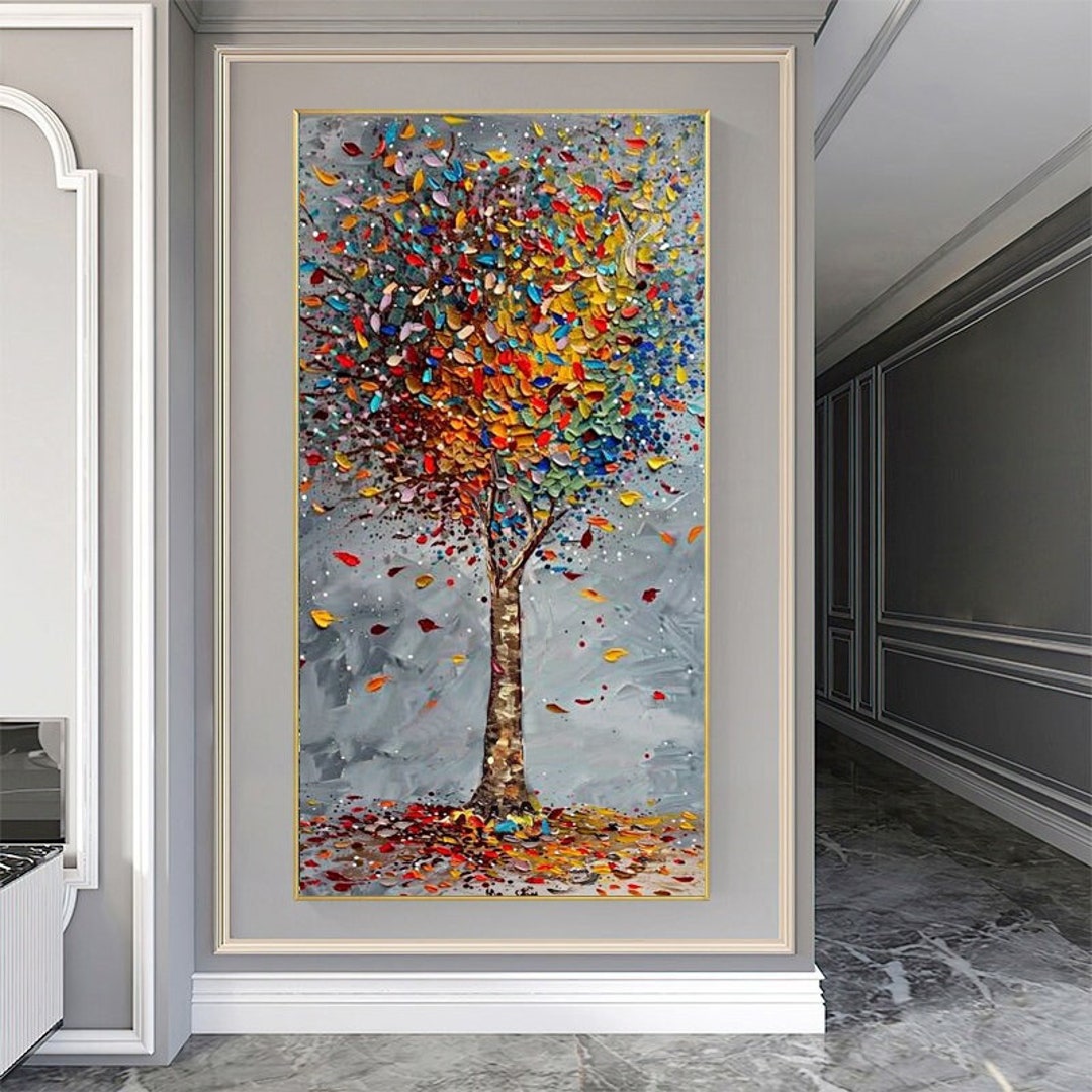 Abstract Tree Painting, Brown Trunk With Colorful Lines and Dots ...