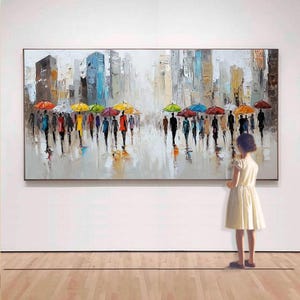 Handgemaltes abstraktes Ölgemälde, Stadtbild mit Regnerischer Straße und Passanten, modernes Wanddekor für Wohnzimmer, Eingangsbereich, Esszimmer