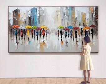 Pintura al óleo abstracta pintada a mano, paisaje urbano con calle lluviosa y peatones, decoración de pared moderna para sala de estar, entrada y comedor.
