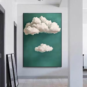 Hand-painted abstract Green Oil Painting, Cloud Art, Modern Minimalist Wall Decor for Living Room, Entryway, Dining Room