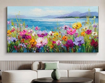 Pintura al óleo abstracta pintada a mano, bahía azul con flores y montañas de colores, arte mural de paisaje moderno para sala de estar y entrada.