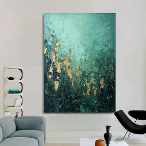 Hand-painted abstract Oil Painting, Green Textured Art with Gold Accents, Minimalist Wall Decor for Living Room, Entryway, Dining Room