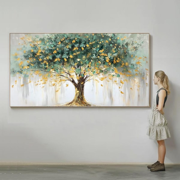Hand-painted abstract Oil Painting, Green Money Tree with Gold Accents, Modern Minimalist Luxury Wall Art for Living Room, Entryway