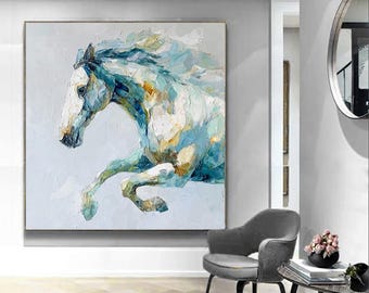 白と黒の馬の油絵、馬の絵画オリジナル、動物の油絵、アクリル抽象油絵