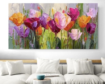 Hand-Painted Abstract Floral Oil Painting, Tulips, Colorful Modern Minimalist Art for Living Room, Entryway, Dining Room