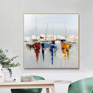 DUTY-FREE!  Original Art Hand-Painted  Sailboats in Harbor, Bright Blue Seascape,Large Oil Painting on Canvas Large Home Decor