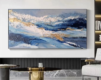 Hand-Painted Abstract Oil Painting, Blue Cloud Sea, Modern Minimalist Wall Art for Living Room, Entryway, Dining Room