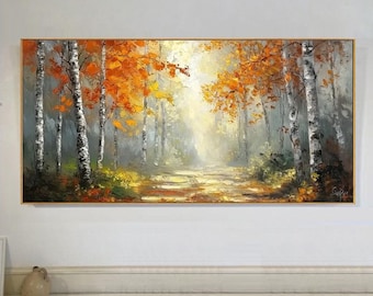 Hand-painted palette Knife Landscape Oil Painting, Vibrant Autumn Forest with Birch Trees, Textured Layered Art for Living Room, Entryway