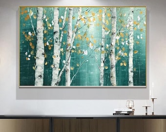 May include: Abstract painting of a forest scene with white birch trees and green leaves. The painting has a textured, brushstroke effect and is framed in gold.