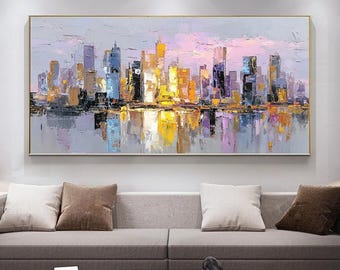 Hand-Painted Abstract Oil Painting, Sunrise Cityscape, Modern Minimalist Wall Art for Living Room, Entryway, Dining Room