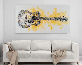 Handgemaltes abstraktes Ölgemälde, Gitarre Musik Kunst, moderne minimalistische Wandkunst für Wohnzimmer, Eingangsbereich, Esszimmer