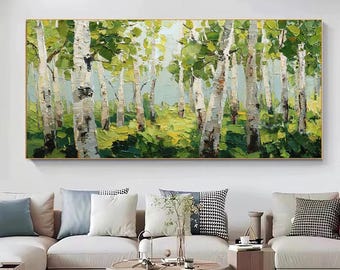 Cuadro abstracto al óleo pintado a mano de un bosque verde con abedules. Arte minimalista moderno para sala de estar, recibidor o comedor.