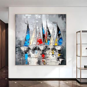 Modernes abstraktes Segelboot-Ölgemälde, lebendige Palettenmesserkunst mit angedockten Segelbooten, strukturierte geschichtete Kunst für Wohnzimmer, Eingangsbereich