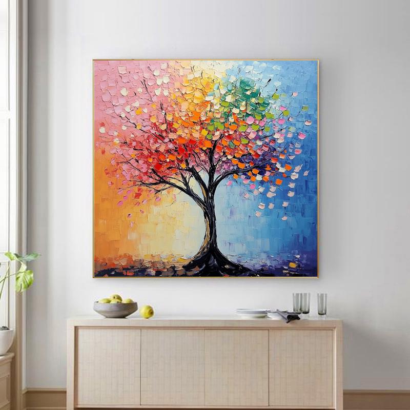 Hand-painted abstract Oil Painting, Colorful Tree Art, Modern Minimalist Wall Decor for Living Room, Entryway, Dining Room