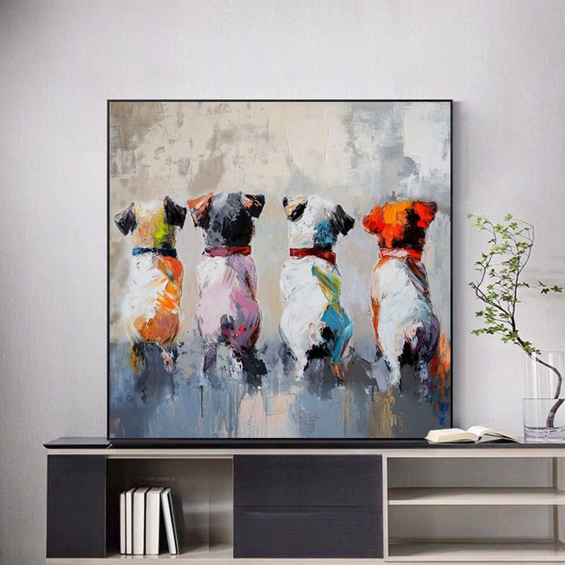 Hand-Painted Oil Painting, Abstract Light Gray Background with Sitting Dogs, Modern Art, Textured Layered Art for Living Room, Entryway