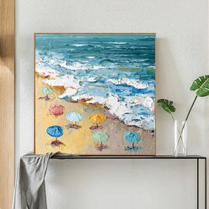 Dipinto a olio astratto dipinto a mano, spiaggia con onde e ombrelloni, moderna arte murale minimalista per soggiorno, ingresso, sala da pranzo