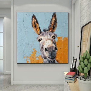 Hand-Painted Abstract Animal Oil Painting, Cute Donkey Art, Modern Minimalist Wall Decor for Living Room, Entryway, Dining Room