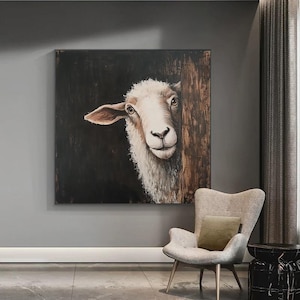 DUTY-FREE!  Hand-painted animal Oil Painting, Black and White Sheep Art, Minimalist Wall Decor for Living Room, Entryway, Dining Room