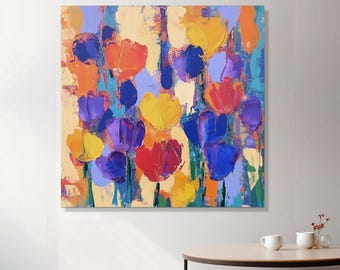 DUTY-FREE!  Hand-Painted Abstract Floral Oil Painting, Colorful Tulips, Modern Minimalist Wall Art for Living Room, Entryway, Dining Room