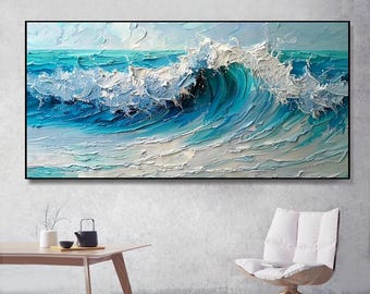 Hand-painted abstract Seascape Palette Knife Painting, Thick Texture with Waves, Textured Layered Art for Living Room, Entryway, Dining Room
