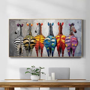 Cuadro abstracto al óleo de animales pintado a mano, cebra colorida, arte mural minimalista moderno para sala de estar, recibidor, comedor.