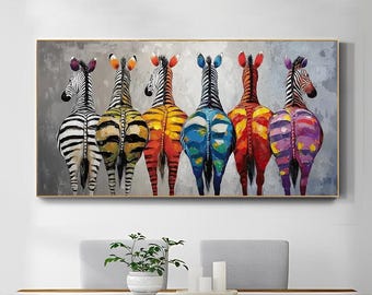 Hand-Painted Abstract Animal Oil Painting, Colorful Zebra, Modern Minimalist Wall Art for Living Room, Entryway, Dining Room