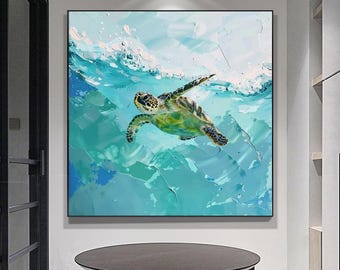 DUTY-FREE!  Abstract Oil Painting of Serene Sea Turtle, Clear Sky and Green Ocean, Bold Minimalist Wall Art, Entryway, Dining Room Decor