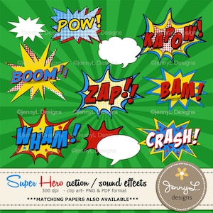 Superhero Comic Sound Effects clipart, Super Hero words, Comics, Cartoons, Comic Book, Action Words, also as Printable Party Booth in pdf