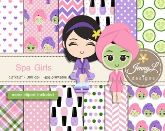 Spa Girls Digital Papers and Clipart SET,  Spa Pary, Cucumber, Lipstick, Candles for Digital Scrapbooking, Invitations, Planner