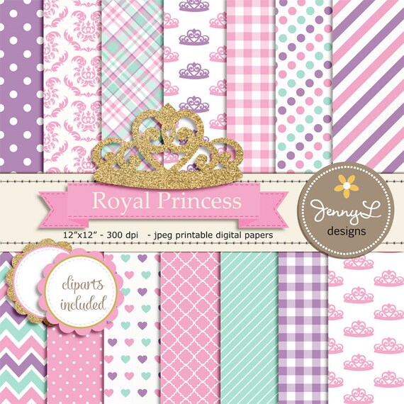 Royal Little Princess Digital papers and Clipart, Gold Crown Girl Baby Shower, Birthday Pink Birth Announcement, Scrapbooking Party Theme Il_570xn